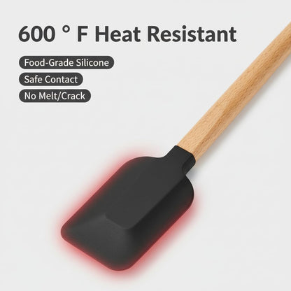 Silicone Spatula Set 5-Piece, Food Grade Heat Resistant 600°F, Wooden Handle Non-Stick Kitchen Utensils for Cooking & Baking (Black)