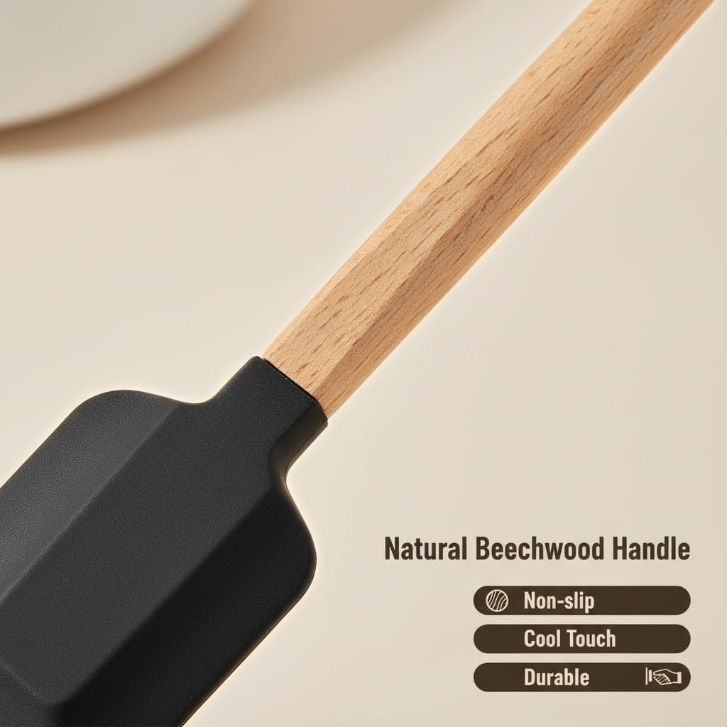 Silicone Spatula Set 5-Piece, Food Grade Heat Resistant 600°F, Wooden Handle Non-Stick Kitchen Utensils for Cooking & Baking (Black)