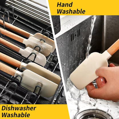 Silicone Spatula Set 5-Piece, Food Grade Heat Resistant 600°F, Wooden Handle Non-Stick Kitchen Utensils for Cooking & Baking (Black)