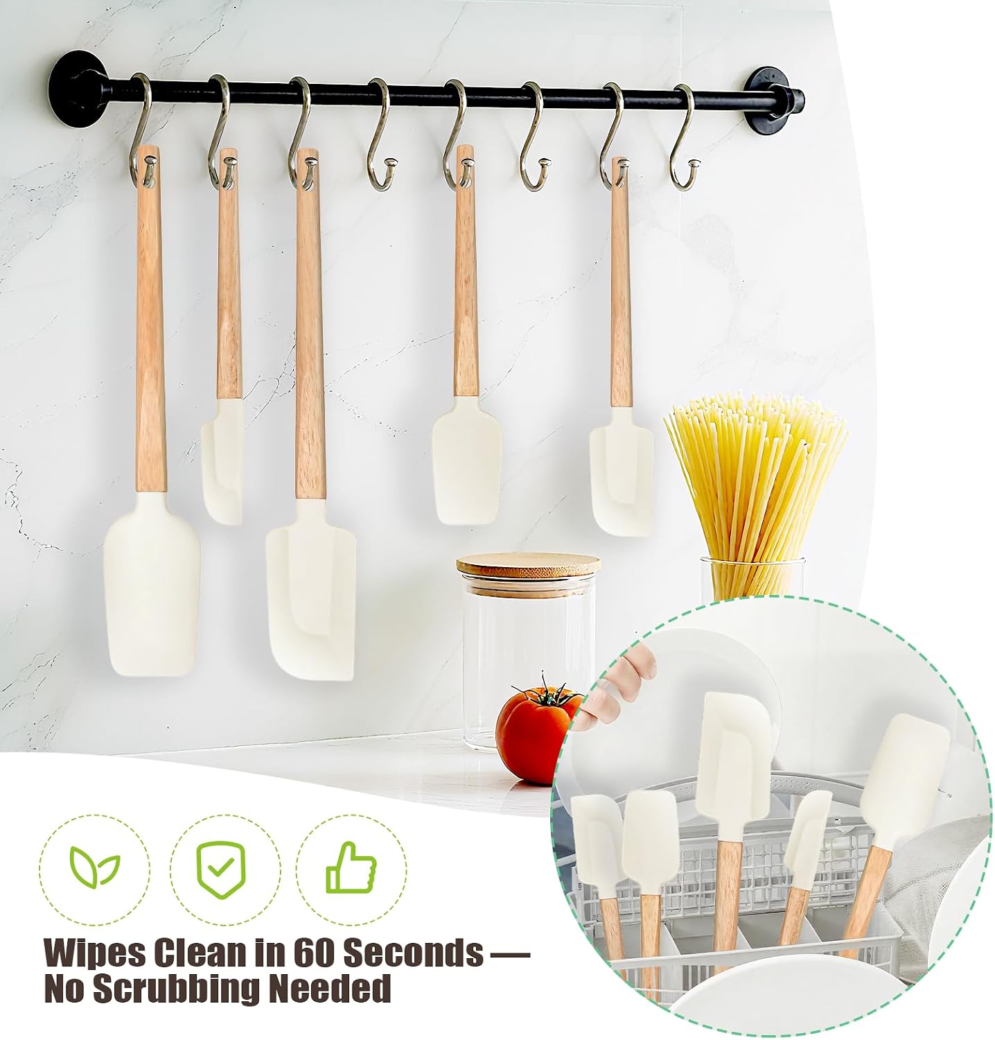 Silicone Spatula Set 5-Piece, Food Grade Heat Resistant 600°F, Wooden Handle Non-Stick Kitchen Utensils for Cooking & Baking (Black)