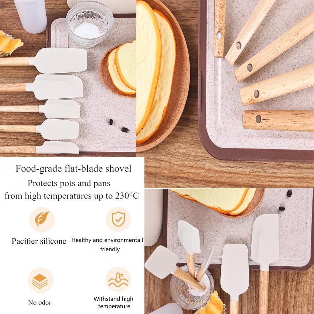 Silicone Spatula Set 5-Piece, Food Grade Heat Resistant 600°F, Wooden Handle Non-Stick Kitchen Utensils for Cooking & Baking (Black)