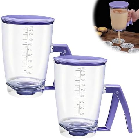 Pancake Batter Dispenser, No-Drip Squeeze Handle for Precision Portion Control, 900ML Capacity with Measurement Markings for Cupcakes, Waffles & Crepes, Dishwasher Safe Baking Tool (2pcs) (Purple1pcs)