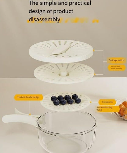 Quick Drain Fruit and Vegetable Washer Bowl with Lid, Clear Glass Container, White Perforated Cover