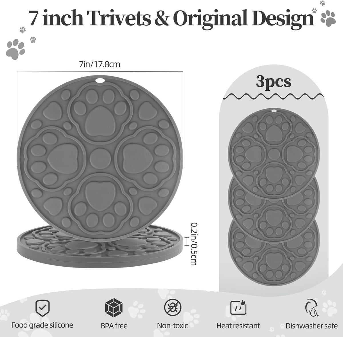 7 Inch Grey Silicone Trivet Mats Set for Hot Dishes 3 Pack | Non-Slip Heat Resistant Hot Pads Holders for Kitchen, Counter, Table - Anti Stain Plate Mats for Hot Pots and Pans