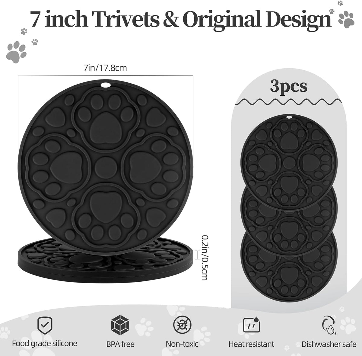 7 Inch Grey Silicone Trivet Mats Set for Hot Dishes 3 Pack | Non-Slip Heat Resistant Hot Pads Holders for Kitchen, Counter, Table - Anti Stain Plate Mats for Hot Pots and Pans