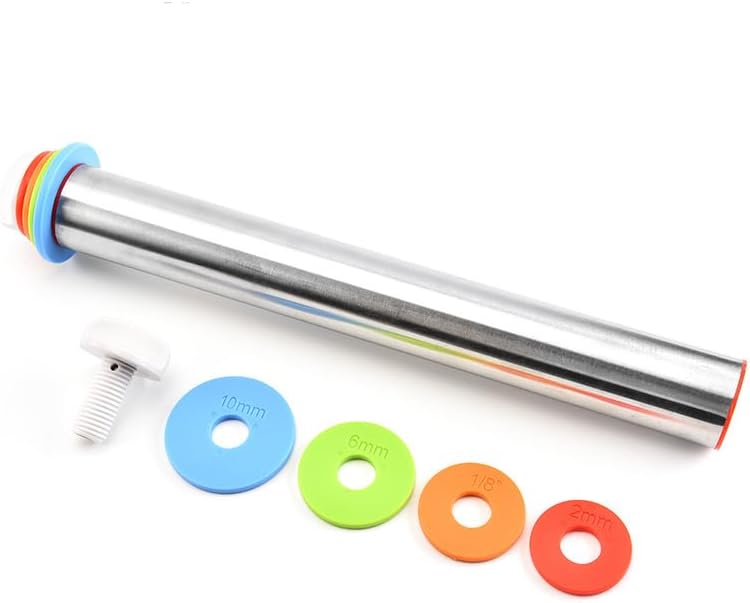Rolling Pin and Silicone Baking Pastry Mat Set, Stainless Steel Dough Roller with Adjustable Thickness Rings, for Pizza, Pie, Pastries, Pasta, Cookies (Red)