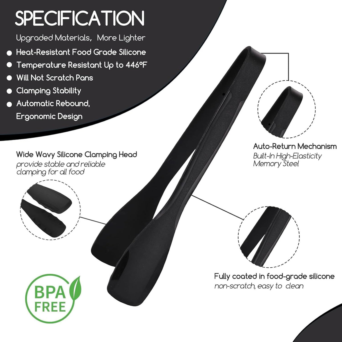 11 Inch Silicone Tongs for Cooking Heat Resistant, Lightweight Non-Scratch Stainless Steel, Kitchen & BBQ Tools with Silicone Tips for Flipping Fish, Steak, Toast & Bread (2-Pack)