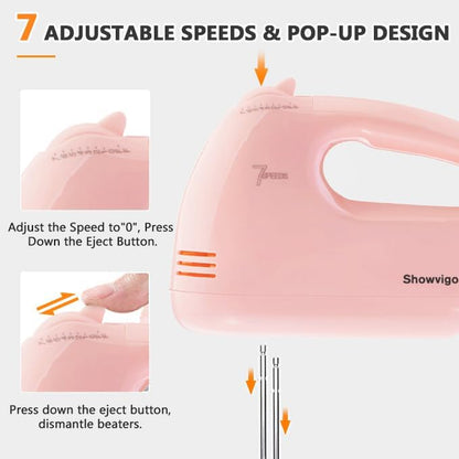 Showvigor Electric Hand mixer - 7 Adjustable Speed 180W Handheld Mixer Electric Whisk with 5 Stainless Steel Accessories, Turbo Boost/Self-Control Speed + Eject Button Food Beater for Cakes Eggs