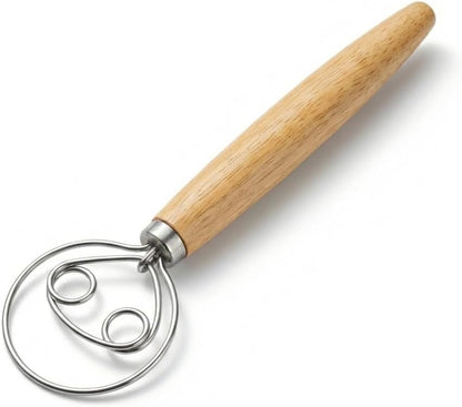 Danish Dough Whisk for Sourdough Bread, Stainless Steel Bread Dough Whisk with Wooden Handle, Manual Dough Mixer Tool for No Knead Bread, Pizza, Baking & Starter Mixing