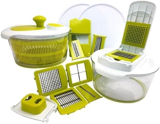 For 10-in-1 Multi-Use Salad Spinner with Slicer, Dicer and Chopper