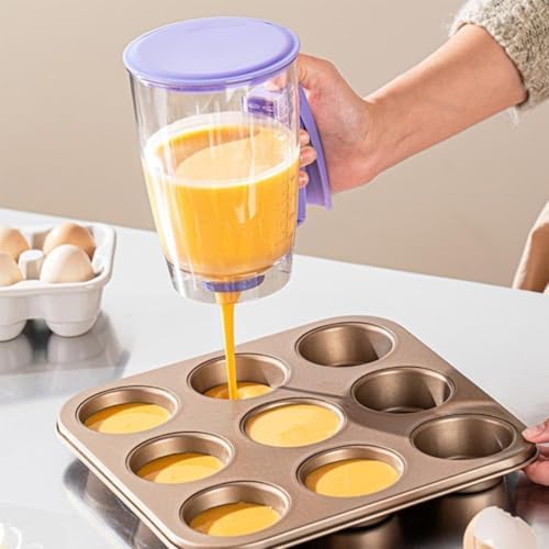 Pancake Batter Dispenser, No-Drip Squeeze Handle for Precision Portion Control, 900ML Capacity with Measurement Markings for Cupcakes, Waffles & Crepes, Dishwasher Safe Baking Tool (2pcs) (Purple1pcs)