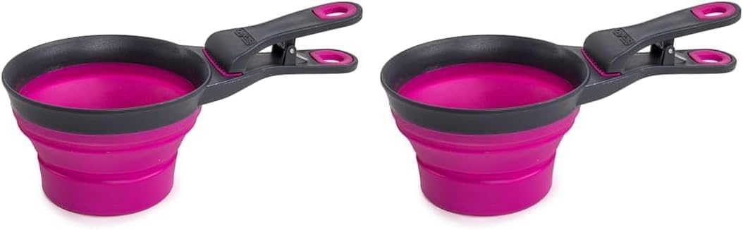Dexas Popware for Pets Collapsible Klip Scoop, 3 in 1 Design Convenient Measuring Cup, Food Scooper and Bag Clip, 1Cup Capacity Pet Food Scoop, Versatile Food Measuring Cups Portion Control Gray/Blue