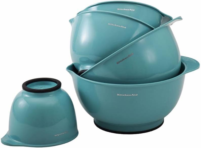 KitchenAid Universal Nesting Plastic Mixing Bowls, Set Of 3, 2.5 quart, 3.5 quart, 4.5 quart, Non Slip Base with Easy Pour Spout to Reduce Mess, Dishwasher Safe, Aqua Sky, White, Gray