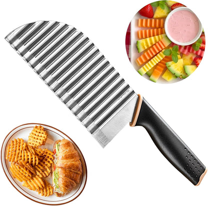 Large Crinkle Cutter, Stainless Steel Wave Potato Slicer | French Fry Cutter Wavy Chopper, Vegetable Crinkle Cutting Tool with Handle, For Cucumber