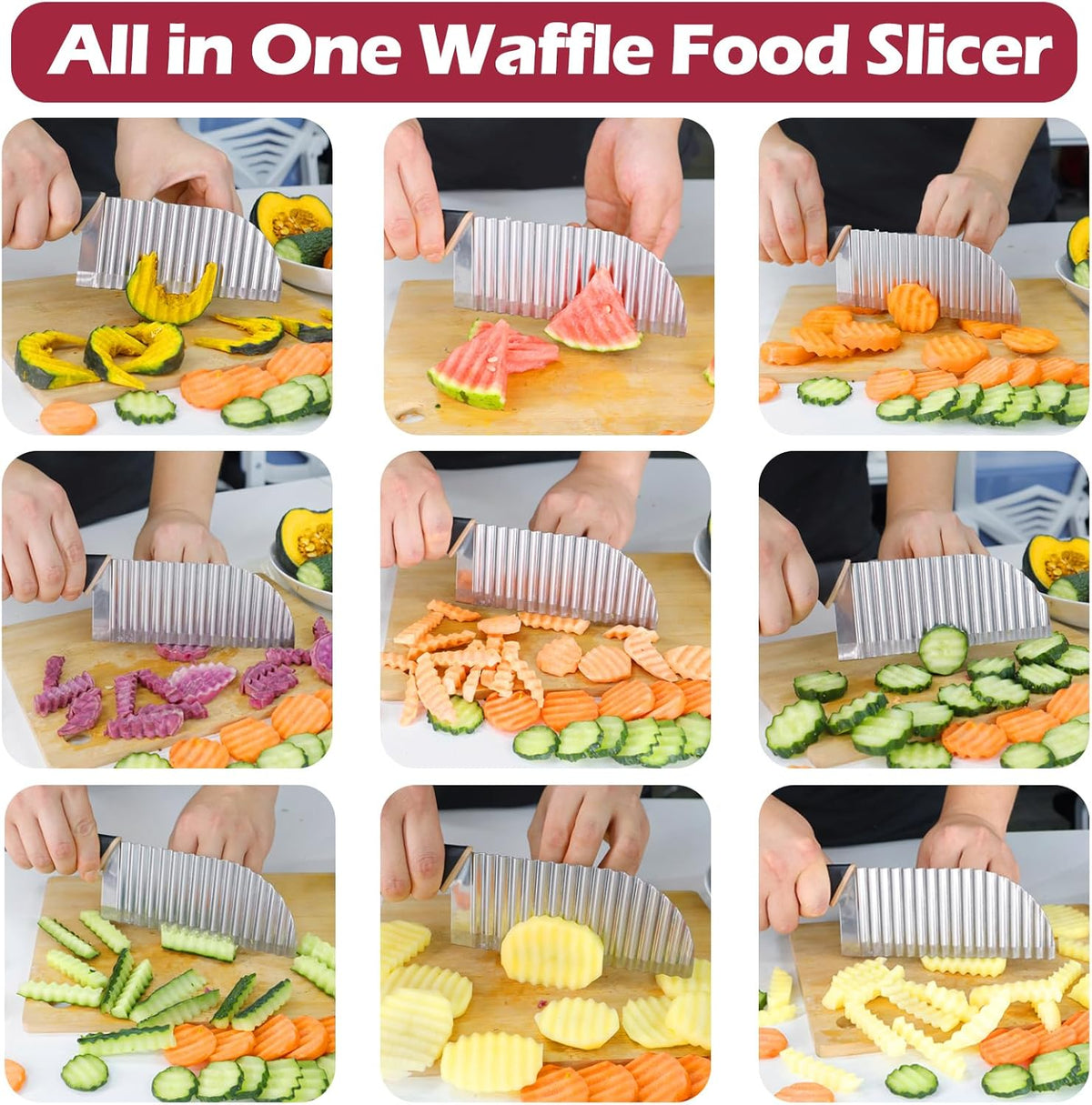 Large Crinkle Cutter, Stainless Steel Wave Potato Slicer | French Fry Cutter Wavy Chopper, Vegetable Crinkle Cutting Tool with Handle, For Cucumber