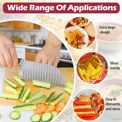 Large Crinkle Cutter, Stainless Steel Wave Potato Slicer | French Fry Cutter Wavy Chopper, Vegetable Crinkle Cutting Tool with Handle, For Cucumber