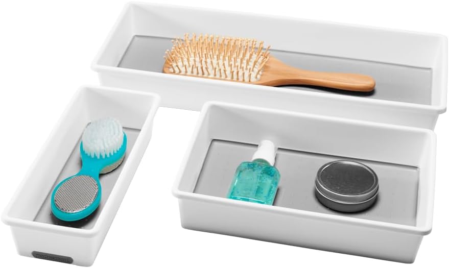 madesmart 3 Bin Drawer Organizer Set, Multi Purpose Storage for Utensils, Office & Bathroom, Organizer for Cutlery, Peeling Tools, Spatulas, Soft Grip Lining & Non Slip Feet, Granite