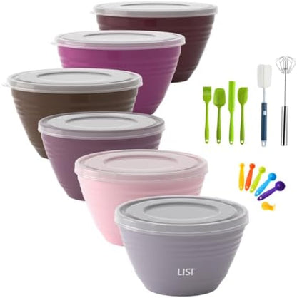 LISI 23Pcs Mixing Bowls Set with Lids, Airtight BPA-Free Nesting Bowls for Mixing, Baking, Cooking & Storage, Dishwasher Safe Serving Bowl, Includes Spatula, Spoons, Brush & Whisk