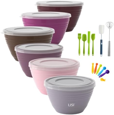 LISI 23Pcs Mixing Bowls Set with Lids, Airtight BPA-Free Nesting Bowls for Mixing, Baking, Cooking & Storage, Dishwasher Safe Serving Bowl, Includes Spatula, Spoons, Brush & Whisk