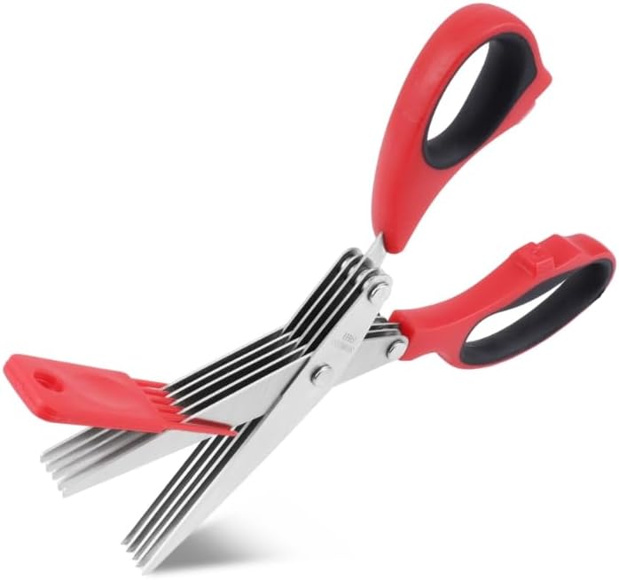 Herb Scissors & Kitchen Scissor Set - Multipurpose Stainless Steel 5 blades Herb Shears, Heavy Duty Meat, Poultry, Food Cooking Scissors, Dishwasher Safe - 2 Pack (Red and Black)