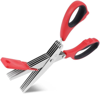 Herb Scissors & Kitchen Scissor Set - Multipurpose Stainless Steel 5 blades Herb Shears, Heavy Duty Meat, Poultry, Food Cooking Scissors, Dishwasher Safe - 2 Pack (Red and Black)