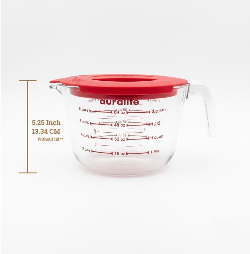 Auralite 8-Cup Borosilicate Glass Measuring Cup with Lid, 2 Quart, 2 Litre Large Glass Measuring Cup - Kitchen Mixing Bowl Liquid Measure Cups Glass Bakeware Set, Punch Bowl, Batter Bowl, 2Qt, 2L