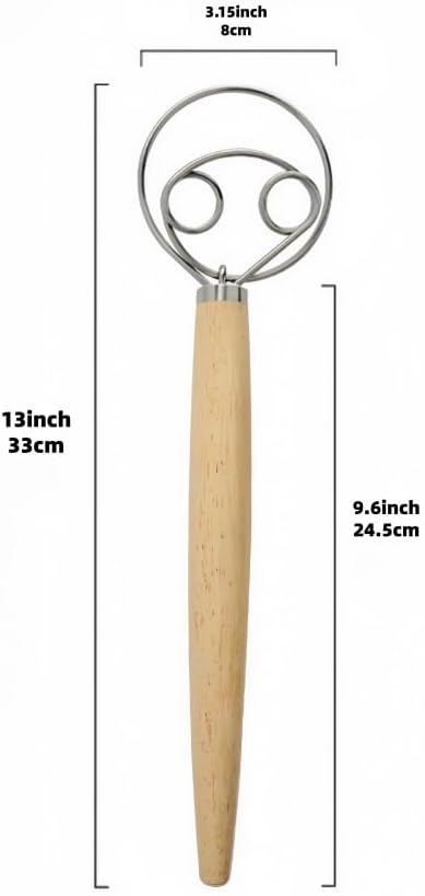 2 Pack Danish Dough Whisk 13inch Stainless Steel Wooden Handle Bread Hand Mixer for Sourdough Pizza Bread Baking Kitchen Whisking Mixing Tools