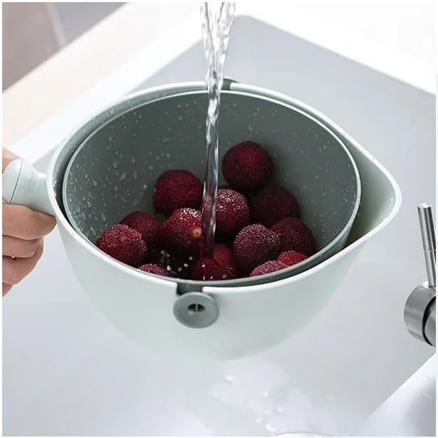 2 in 1 Kitchen Colander Rotating Washing Basket with Handle 2-Qt for Fruits Vegetables Pasta Noodles Washing Basket, BPA Free Plastic, Double-Layer, Detachable