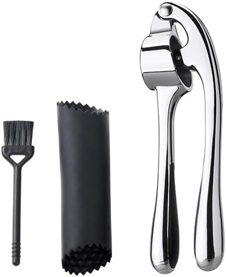Garlic press for fine mincing, heavy-duty garlic press joystick, rust proof zinc alloy material, ergonomic handle, equipped with silicone peeler and cleaning brush, dishwasher washable, bright silver