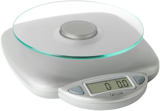 Taylor 11LB Capacity Digital Glass Top Kitchen Scale with LCD Display, Weight in Grams and Ounces for Baking, Cooking, and Meal Prep, Silver