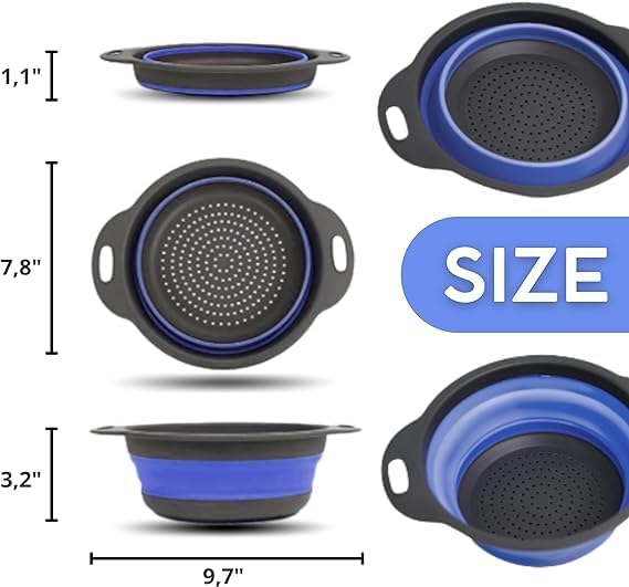 White Round Silicone Collapsible Colander – Silicone Round Kitchen Strainers with Plastic Handles Small Foldable Kitchen Strainer Perfect for Draining Pasta Vegetable and Fruit