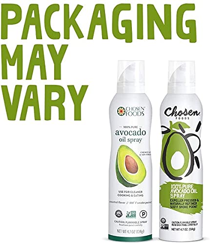 Chosen Foods 100% Pure Avocado Oil Spray 4.7 oz. (1 Pack), Non-GMO, 500°F Smoke Point, Propellant-Free, Air Pressure Only for High-Heat Cooking, Baking and Frying