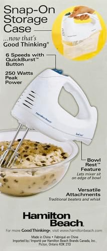 Hamilton Beach 6-Speed Electric Hand Mixer with Whisk, Traditional Beaters, Snap-On Storage Case, 250 Watts, White