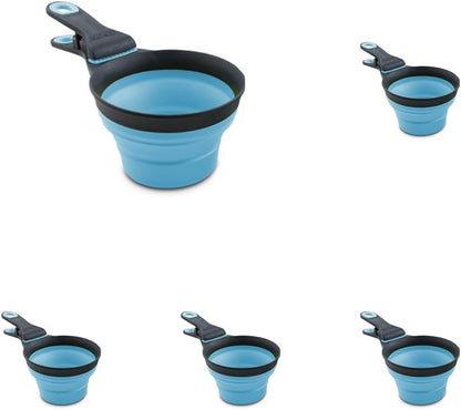 Dexas Popware for Pets Collapsible Klip Scoop, 3 in 1 Design Convenient Measuring Cup, Food Scooper and Bag Clip, 1Cup Capacity Pet Food Scoop, Versatile Food Measuring Cups Portion Control Gray/Blue