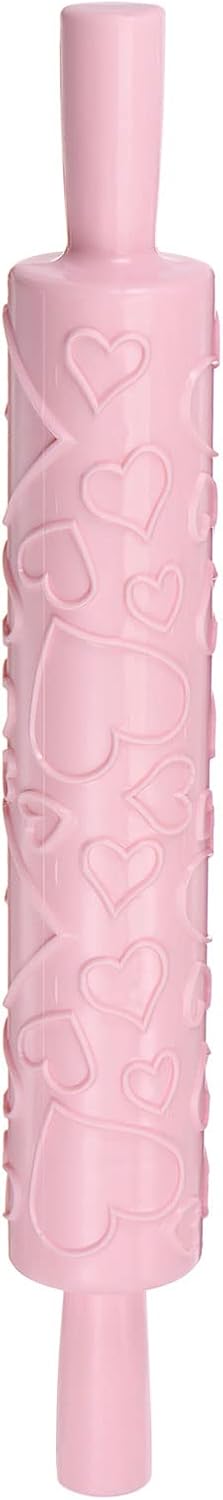 HARFINGTON Pattern Embossed Rolling Pin 14.57" x 1.97" Heart 3D Pattern PP Plastic Non-Stick Embossing Textured Rolling Pins for Baking Cookie Fondant Pastry Clay Dough, Pink