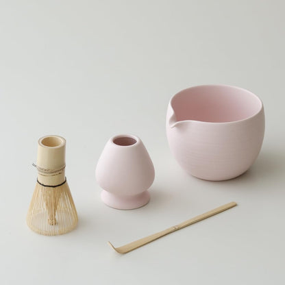 Matcha Whisk Set, Ceramic Matcha Bowl & Whisk Holder, Bamboo Accessory, Modern Design (Matte Crème, Pouring Spout) (Matte Crème)