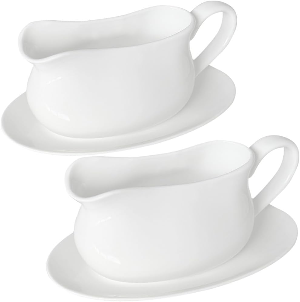 17oz Gravy Boat with Saucer Stand, Set of 1, Ceramic Sauce Boat with Tray for Salad Dressings,ketchup， Creamer, Broth, Black Pepper, White