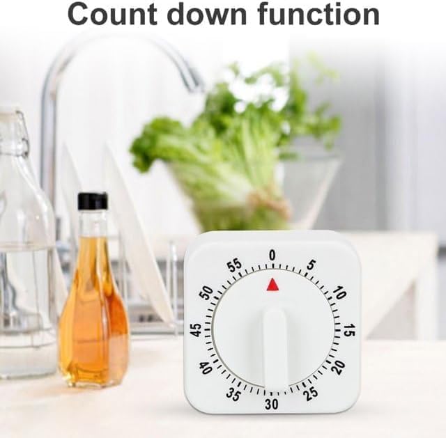 White Timer Clock Square 60-Minute Mechanical Kitchen Timer Wind up Visual Cooking Clock with Loud Alarm No Batteries Required Ideal for Kitchen Cooking Baking Timers