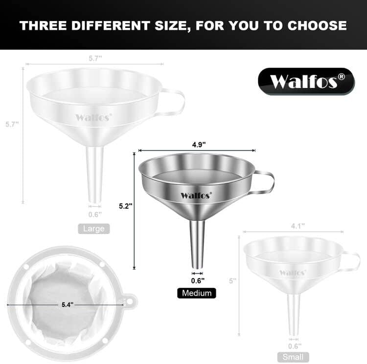 Stainless Steel Funnel, Walfos 3 Pack Kitchen Funnel with 2 Removable Strainer ＆ 1Pcs Cleaning Brush, Perfect for Transferring of Liquid, Oils, Jam, Dry Ingredients & Powder