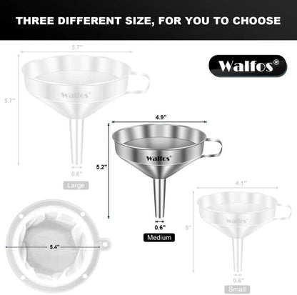 Stainless Steel Funnel, Walfos 3 Pack Kitchen Funnel with 2 Removable Strainer ＆ 1Pcs Cleaning Brush, Perfect for Transferring of Liquid, Oils, Jam, Dry Ingredients & Powder