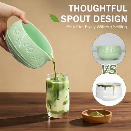 Matcha Whisk Set, Ceramic Matcha Set with Bowl, Chasen Holder, Scoop Rest, Sifter, 8-Pcs Japanese Ceremony Matcha Kit–Matcha Lovers Gift for Women Mom Girl Friend-Matcha Green