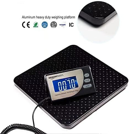 Amazon Basics Digital Postal Shipping Scale with Tare Function, AC Adapter, 65 lb Capacity, 0.1 oz Readability, LCD Display, Black