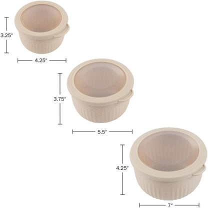 Set of 3 Bowls with Lids - Microwave, Freezer, and Fridge Safe Nesting Mixing Bowls - Eco-Conscious Kitchen Essentials by Classic Cuisine (Beige), S, M, L