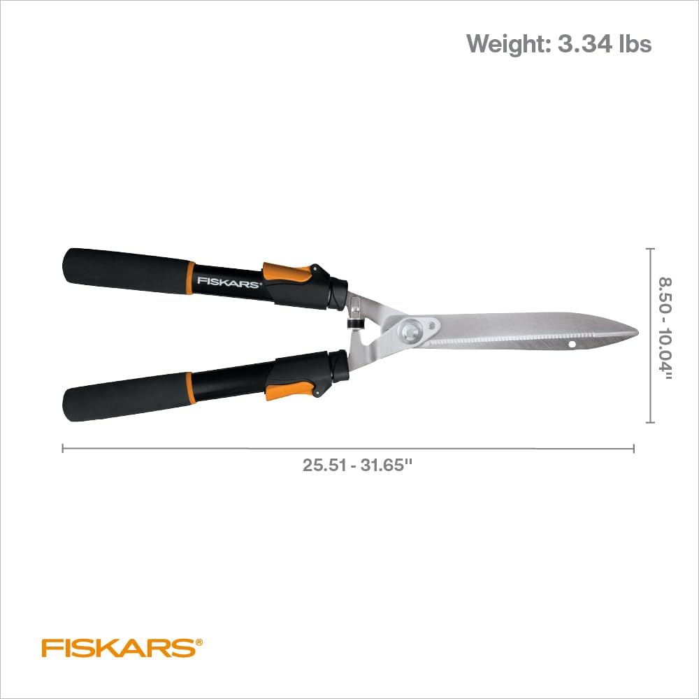 Fiskars Power-Lever Extendable Hedge Shears, Self-Sharpening Serrated Steel Blades for Clean Cuts, Handles Adjust 25"-33" for High Reach, Multiplies Leverage for 2x Power, 10" Blades, Orange/Black