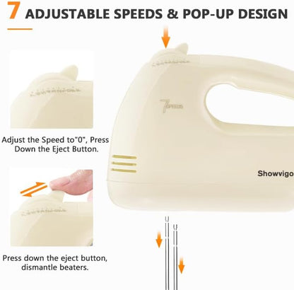 Showvigor Electric Hand mixer - 7 Adjustable Speed 180W Handheld Mixer Electric Whisk with 5 Stainless Steel Accessories, Turbo Boost/Self-Control Speed + Eject Button Food Beater for Cakes Eggs
