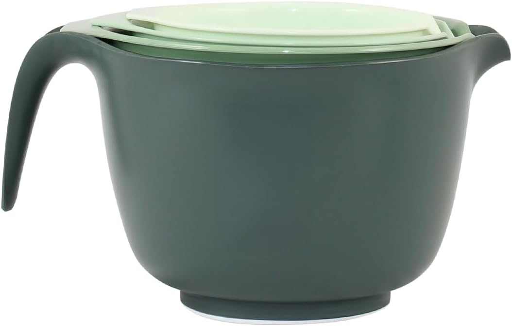 Glad Mixing Bowls with Pour Spout, Set of 4 - Nesting Plastic Bowls (1.2qt, 1.9qt, 2.8qt, and 3qt with Handle) - Non Slip Base, Dishwasher Safe Kitchen Cooking and Baking Supplies, Grey