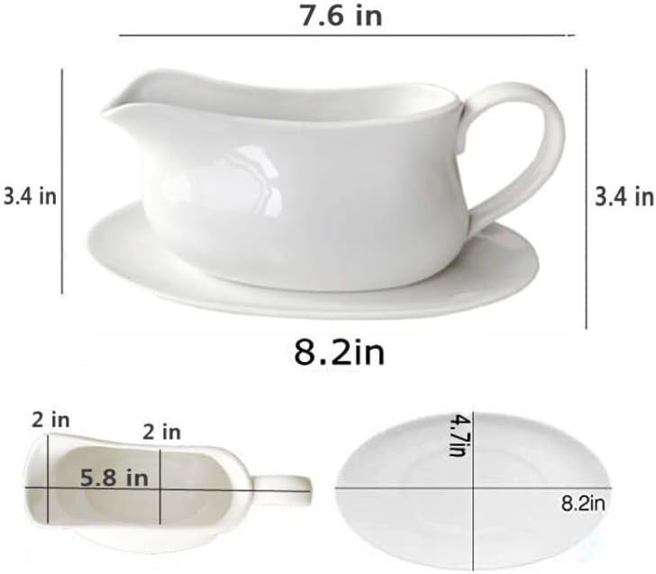 17oz Gravy Boat with Saucer Stand, Set of 1, Ceramic Sauce Boat with Tray for Salad Dressings,ketchup， Creamer, Broth, Black Pepper, White