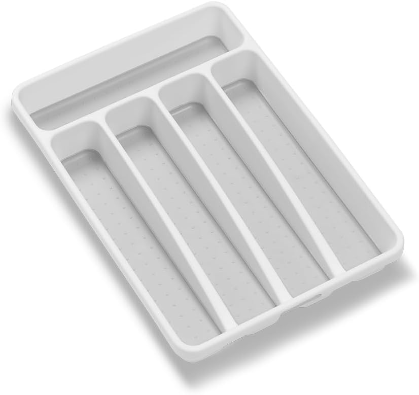 madesmart Small Silverware Tray, Compact 5 Compartment Flatware Organizer for Forks, Knives & Spoons, Non Slip, Soft Grip Lining, Fits Small Drawers, White