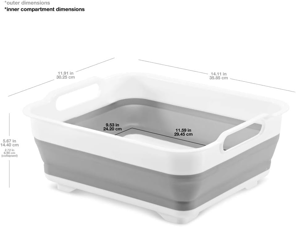 madesmart Collapsible Wash Basin, Foldable Sink Basin for Washing Dishes, Bowls, Cutlery & Produce, Space-Saving Pop-Up Design with Easy-Grip Handles, Portable Kitchen & Camping Basin, White