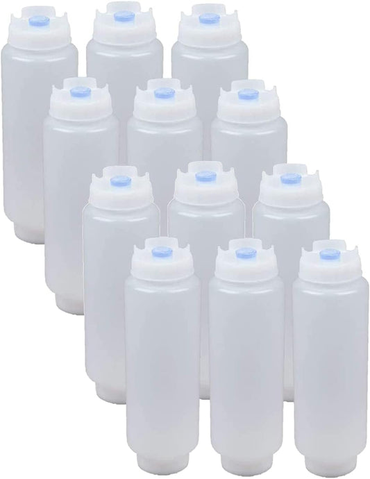 FIFO Squeeze Bottle Refillable 16 oz | Blue Tip Large Valve Dispenser for Thick Condiments, Sauces, Batter and Dressing | Self Sealing No Drip No Hassle | (12 Pack)